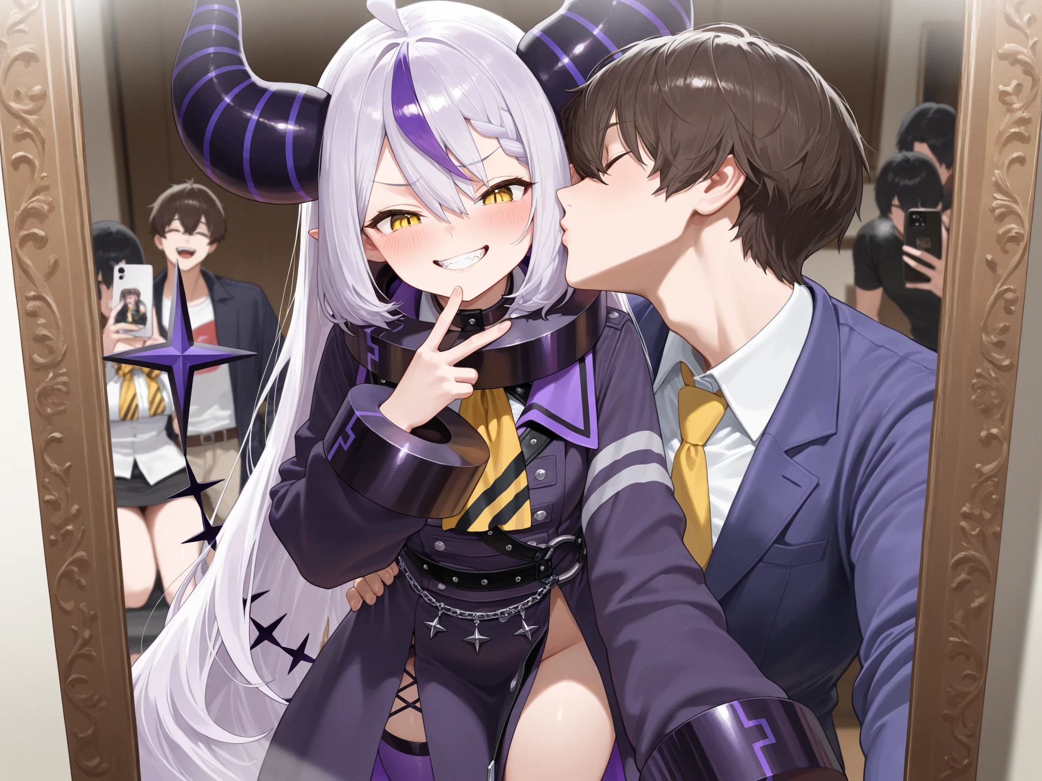 1 female, maestro, wearing a black suit, light purple tie, sin shorts, you can see his naked ass, Thick, light purple hair, wide, light purple rabbit ears, light red eyes, face to detail, detailed eyes, the background is a pizzeria, happy, playing a red guitar.