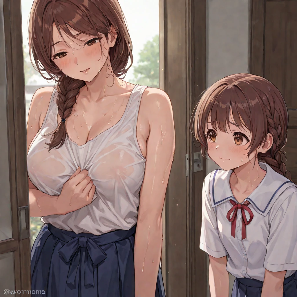 A little small and thin for her age., shy and blushes easily, She is quite naive and helpful.. White, long wavy brown hair, Small pieces, blush, Big, innocent brown eyes, small waist, medium breasts and some hips, long neck, Wear short skirts and blouses with a tender neckline..