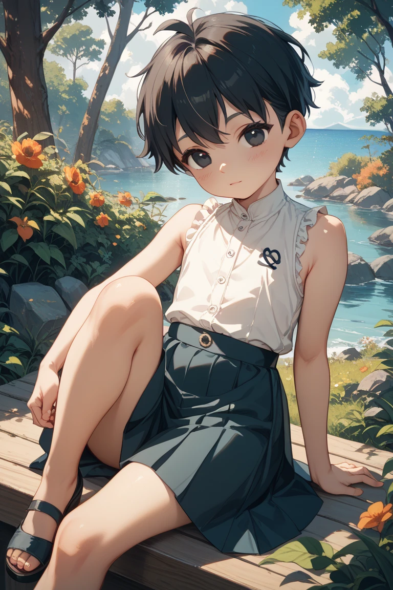 ((Highest quality)), ((masterpiece)), (Familiar), Perfect Face,Japanese,9 years old,girl,cute,Primary school students,Midsummer,camisole,Tank top,Bare skin to avoid,mini skirt,Sunflower field,String Panties,Sweat,Sit with your legs apart,Chest