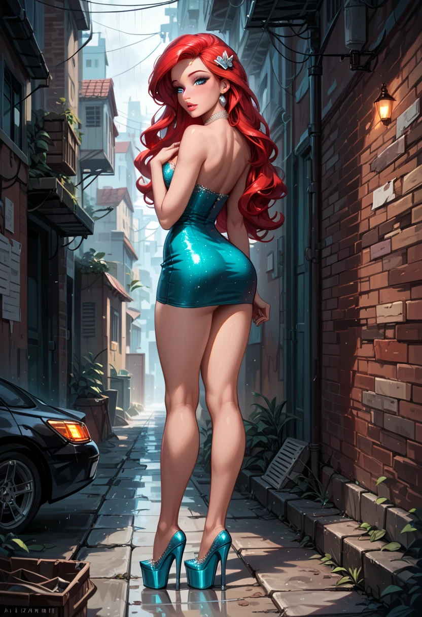 Excellent image, a young adult woman with bright makeup in a blue lace mini dress with open shoulders, with red hair, wearing high heel sandals, Hands in handcuffs, handcuffs on hands, wrists are cuffed, arrest, Hands handcuffed, Posing in full growth, playful smile, feet shoulder width apart, handcuffs with long chain on legs, anime