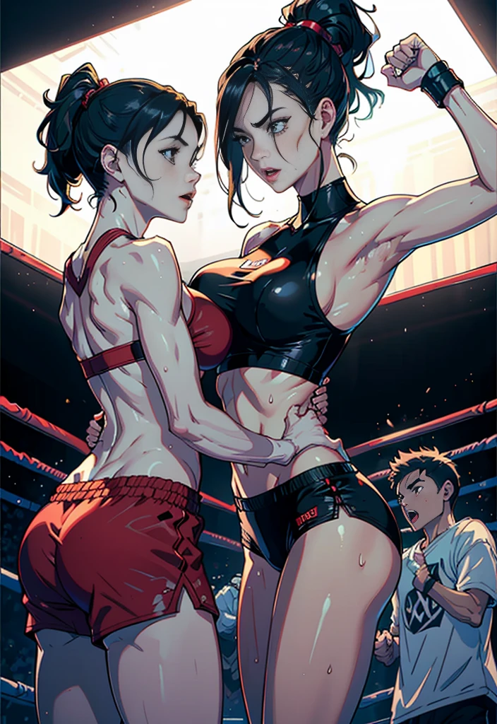 punch, punch, punch. survival dynamic exciting battle. whole body picture. two bloody beautiful Japanese female fighters are looking at each eyes. they are beating each other so hard. They are banging their punches against their opponents in the octagon ring. Blood is dripping from their nose. they are covered in scars and bruises. they are damaged terribry. Short-cut black hair, out of breath, drooling from mouth, one eye closed, exhausted, drenched in sweat. Erect nipples. open finger glove. high-leg leotard. Stockings. arm-covers. Excellent proportion body.