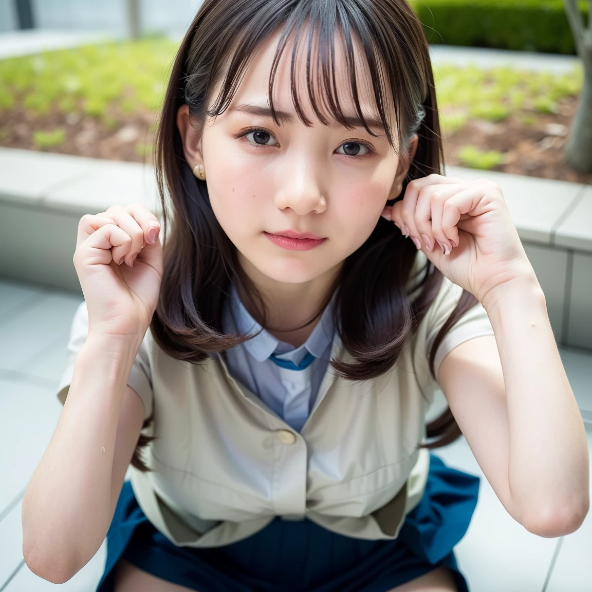 ((highest quality, masterpiece :1.3)), Photorealistic、Ultra-high resolution、Natural skin texture、Hyperrealism、Photograph from the knee up、15 year old Japanese beautiful girl、Twin tail hair、well-shaped breasts、A worn out white collared shirt and tie、mini skirt、Contemptuous expression