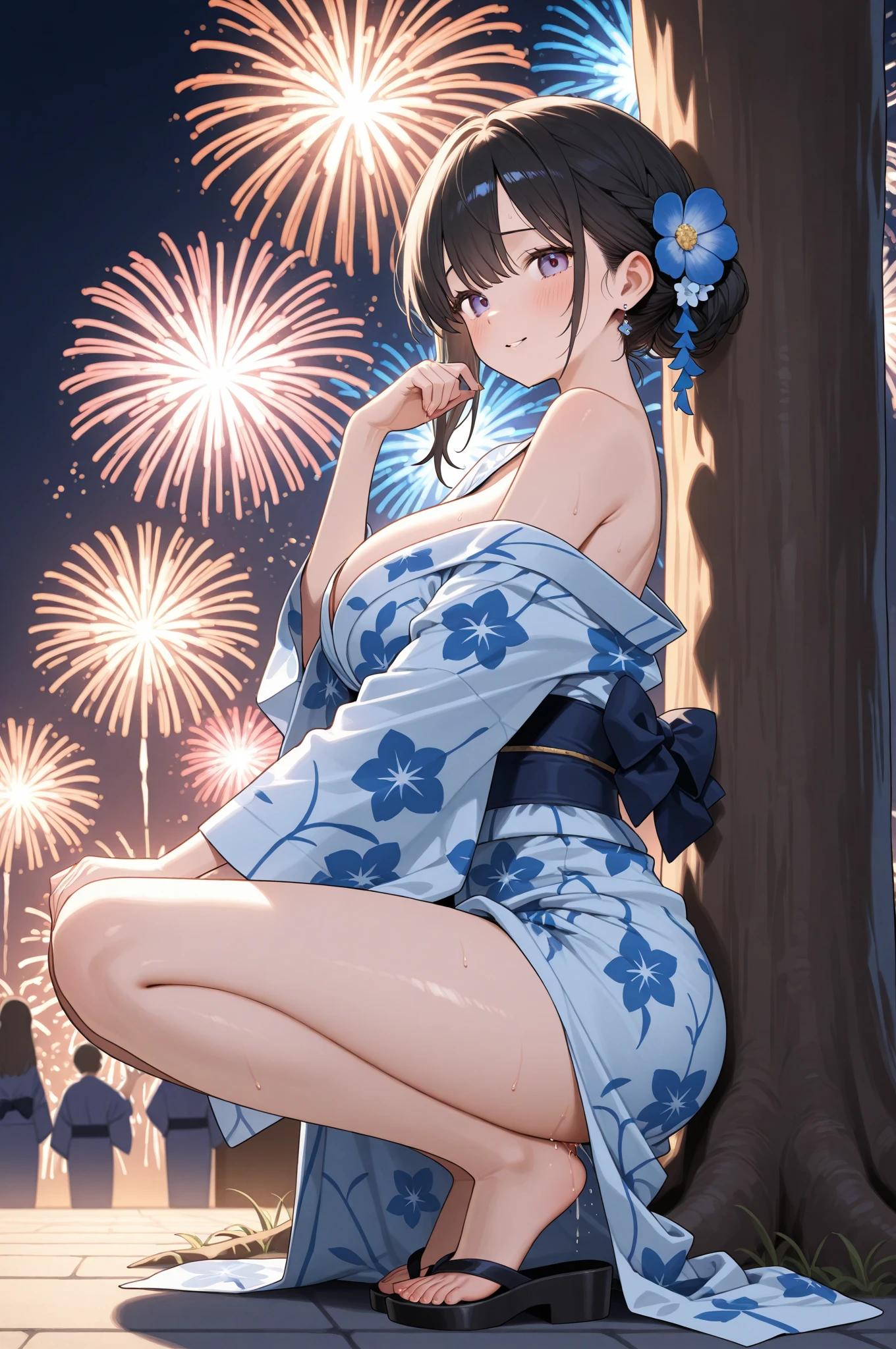 ((sexy cute mini kimono and elegant beautiful white laced panties)),
Full body,Looking back,♥(Japanese beautiful flower printed kimono,yukata),((1girl,cute,young,semi long beautiful black hair,blunt bangs,twin tales,beautiful eyes)),(solo),((masterpiece, highest resolution,best quality)), (beautiful illustration),(Japanese beautiful flower printed kimono,yukata),
innocent smile,cinematic lighting,Japanese Festival,stall,fireworks,night sky,full moon,shooting star,
