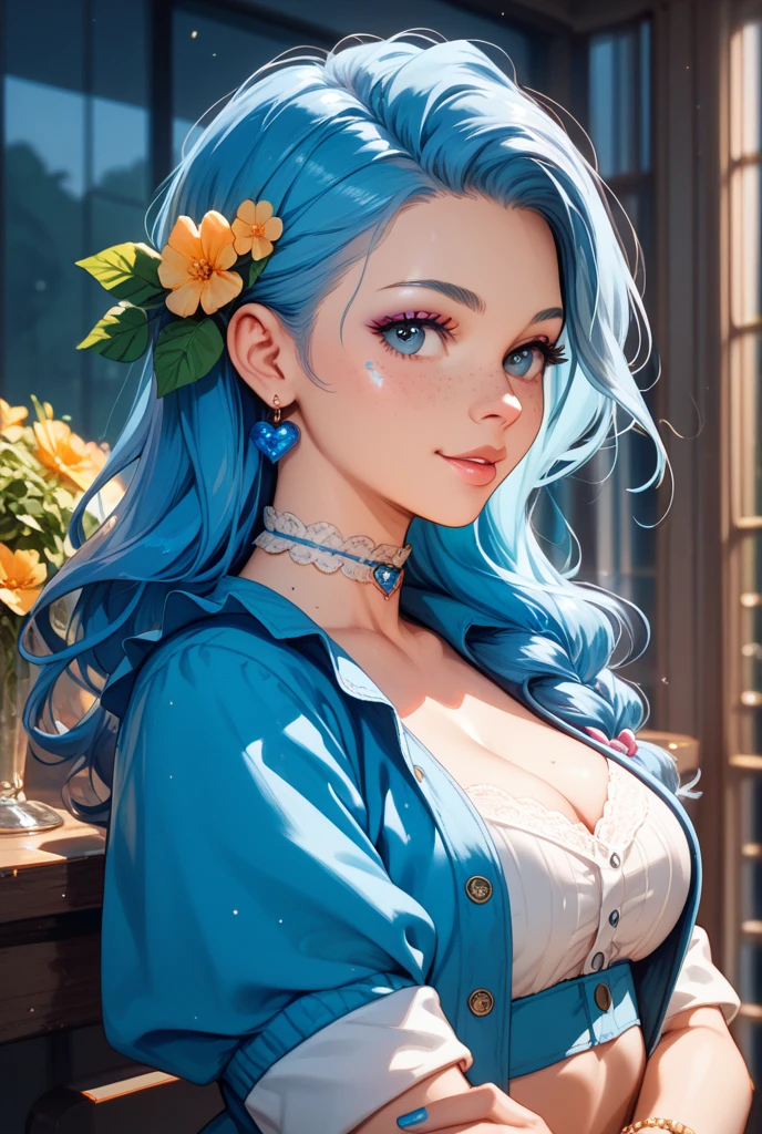 1 girl, bright blue hair, orange sweater, outdoor, long hair, breasts, smile, detailed face, beautiful detailed eyes, beautiful detailed lips, extremely detailed eyes and face, long eyelashes, (best quality, 4k, 8k, highres, masterpiece:1.2), ultra-detailed, (realistic, photorealistic, photo-realistic:1.37), portraiture, vibrant colors, natural lighting, warm tones, large breast, sensual Perfect body.