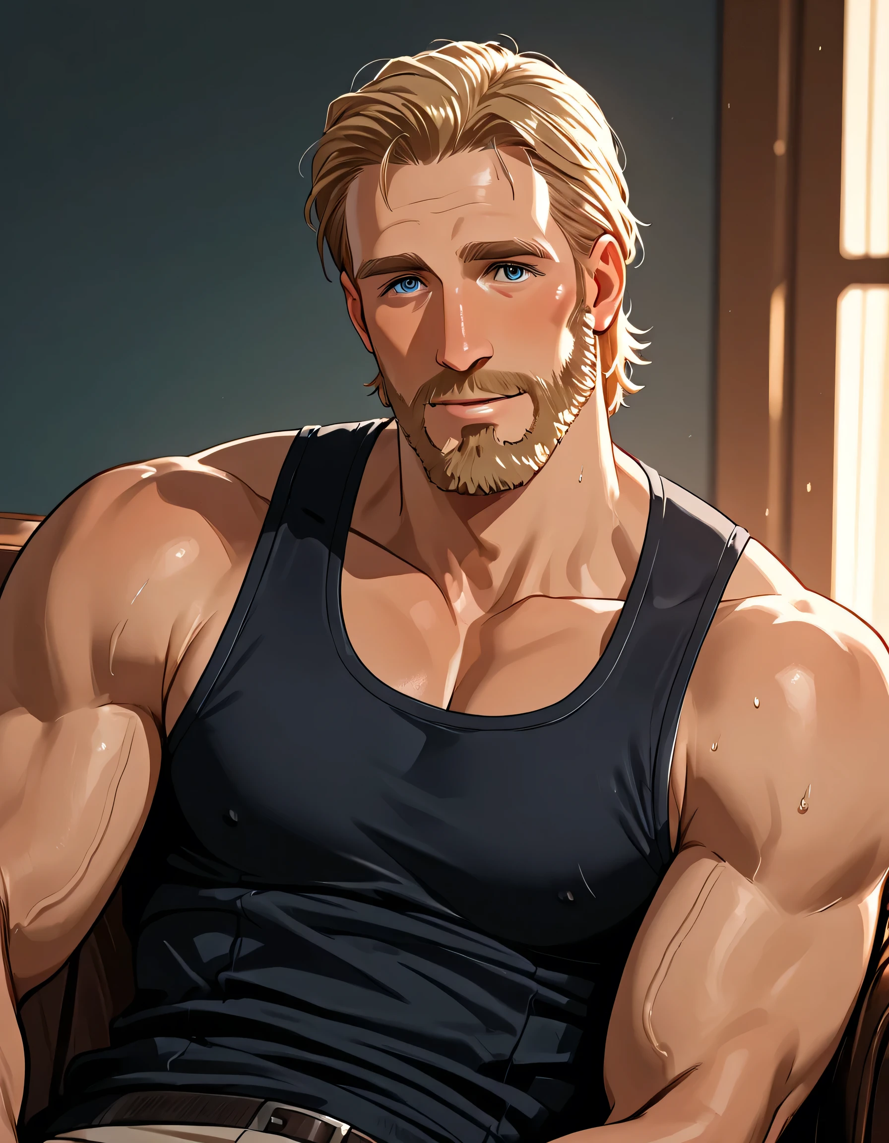 Middle-aged man (Russian), fair skin, blond hair (slicked back), full lips, blue eyes (detailed), blond beard, masculine face, grumpy expression, muscular body (muscle: 2.0), robust, huge hairy chest, muscular thighs. He is in a living room of a cabin, holding a beer mug, wearing a white blouse, a gold chain around his neck, tribal attire on his arms, a gold watch on his wrist, beige dress pants, and brown shoes.