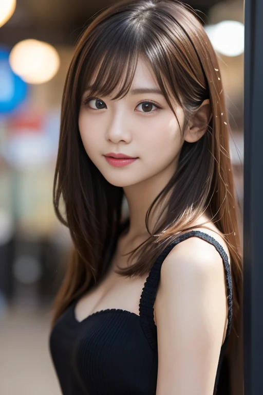 masterpiece、1 beautiful girl、detailed eye、puffy eyes、highest quality, 超A high resolution, (reality: 1.4), movie lighting、Japanese、asian beauty、super beautiful、beautiful skin、thin、body facing forward、(超reality的な)、(High resolution)、(8K)、(very detailed)、(beautiful detailed eyes)、(Super detailed)、 (wall-)、detailed face、bright lighting、professional lighting、looking at the viewer、look straight ahead、black business suit、long hair, asymmetrical bangs, 、night view、brown hair、japanese idol、korean idol、fiery idol pose、、23 years old、expensive, smile, Nagasaki City、Park scene、
