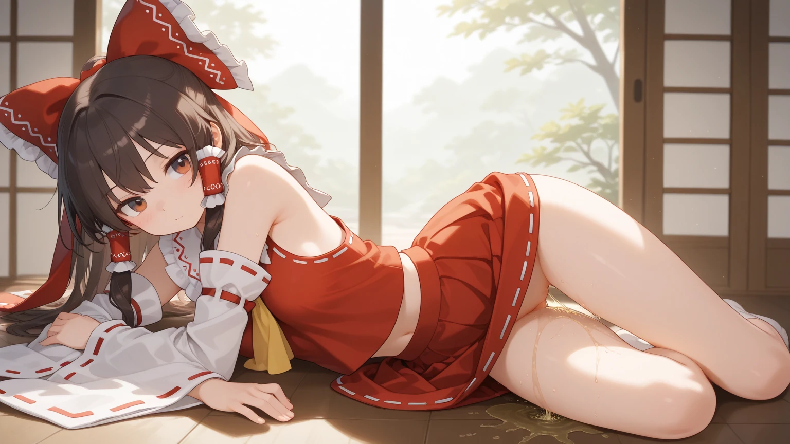 (8K, Highest quality, Highest quality, masterpiece), sit on the floor, (denim hot micro shorts), (shorts aside & vulva peek), medium breasts, ((spread legs 1:2)), (fullbody), hakurei_reimu_touhou, bow, hair_bow, hair_tubes, red_bow, brown_hair, long_hair, bangs, sidelocks, ascot, brown_eyes, frilled_bow, yellow_ascot, blush, smile, hair_between_eyes