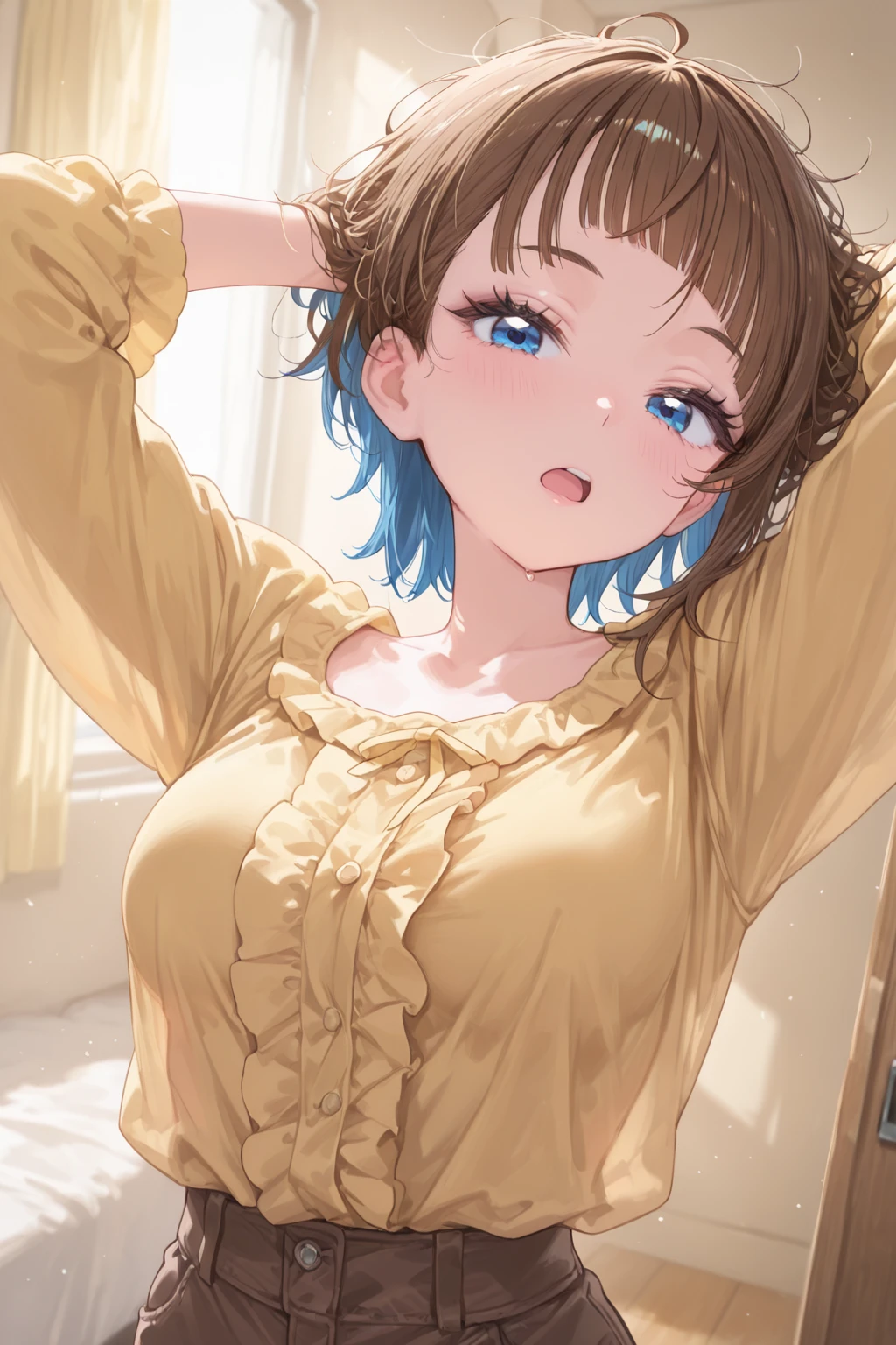 Super detailed、particles of light:0.5、off shoulder、beautiful cleavage、lie in bed、beautiful blue eyes、downward、a reluctant face、open your mouth、lick、dripping cloudy saliva