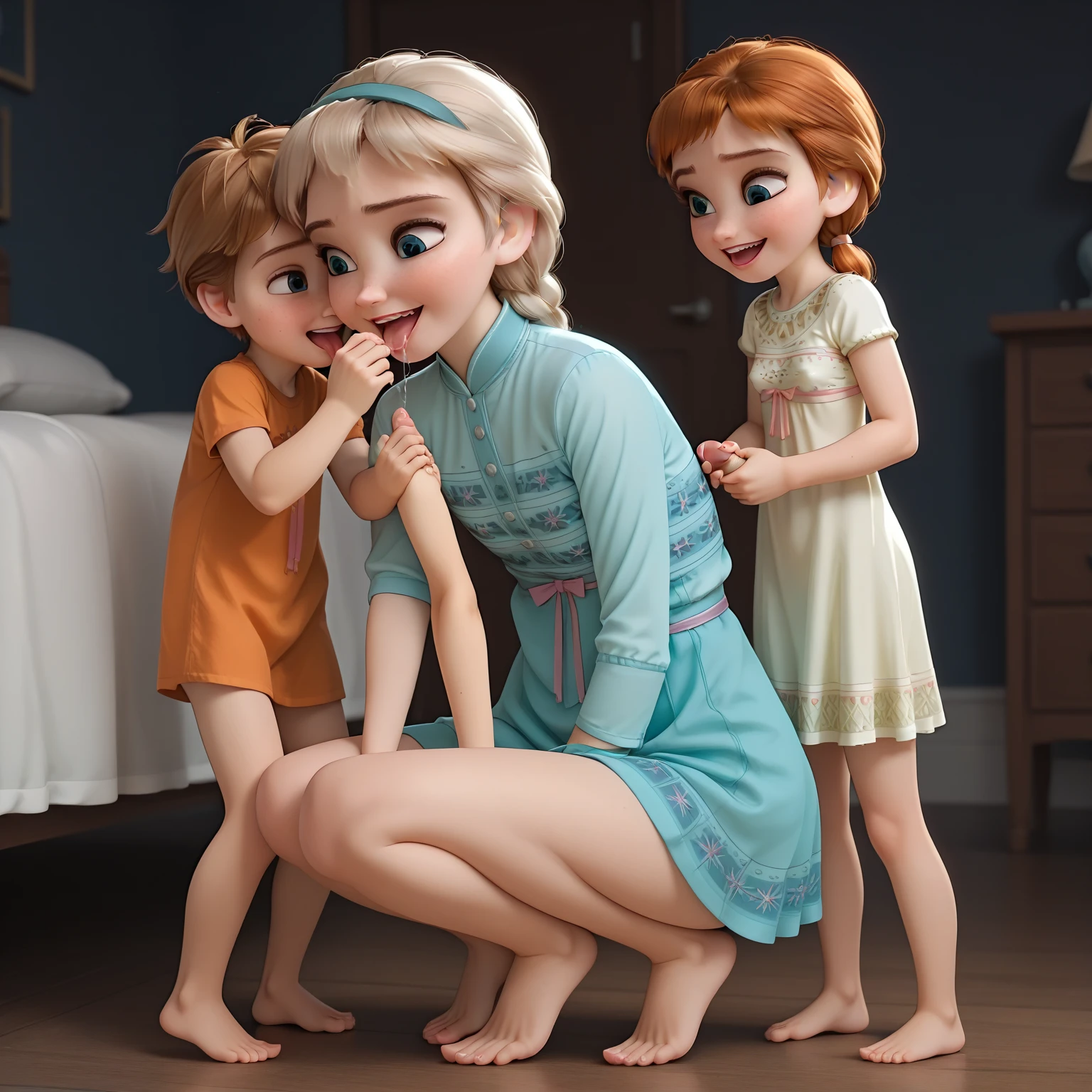 Cinematic style images, Denis the Menace, a boy, , blond with spiky hair and bright blue eyes, is dressed in white pajamas, sleeping in bed, next to him standing his mother, an attractive young vampire woman of 2, pale white skin, pointy ears, red eyes, open mouth smiling showing long and sharp teeth, wearing a black transparent nightgown, black panties and bra and black slippers. Her light blond hair is tied in a stylish bun. Night. A room decorated with toys.