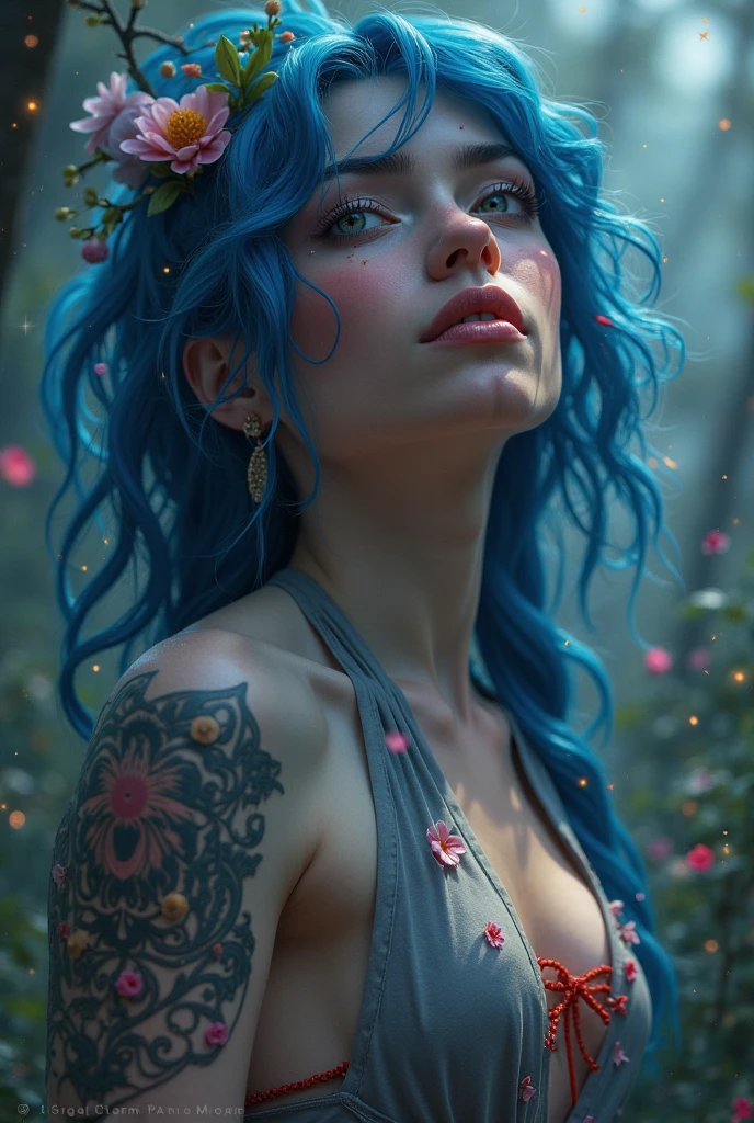 RAW Photo, photography, photorealistic, Analog, Award Winning Photograph, fashion photography portrait of blue haired human, in blue lush jungle with flowers and birds, symetrical, 35mm, bokeh, 9:16, (intricate details:1.12), hdr, (intricate details, hyperdetailed:1.15), (natural skin texture, photorealism, soft light, sharp:1.2)