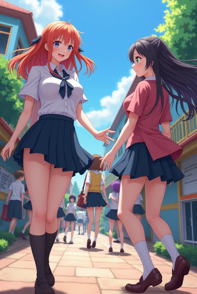 2girls, standing_split, full body, standing_on_one_leg, masterpiece, best quality, very aesthetic, absurdres, ,in an amusement_park,surrounding by flowers,falling_petals, petals,,