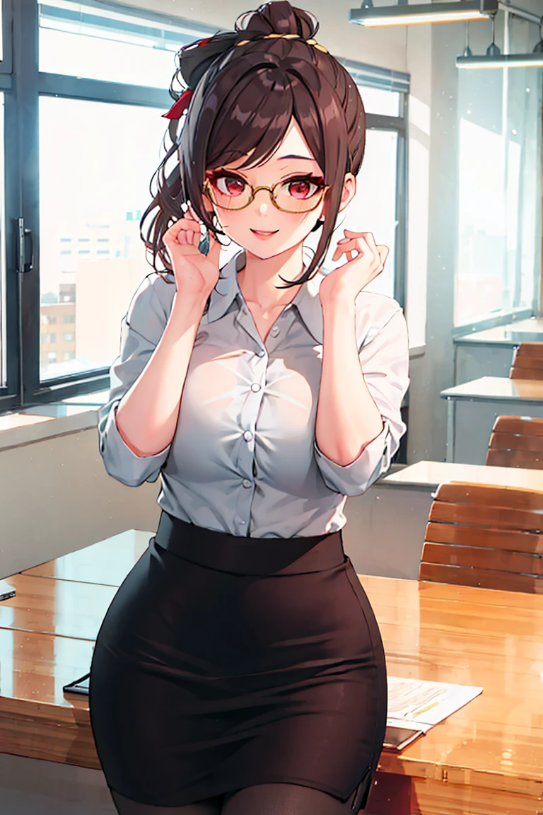 masterpiece, best quality, expressive eyes, perfect face, solo, one female teacher, mature woman, seducer, glasses, brown hair, short hair, large breasts, large butt, cleavage, thighs, black jacket, pantyhose, pencil skirt, mini skirt, panty shot, open legs, smile, open mouth, low view, classroom,
