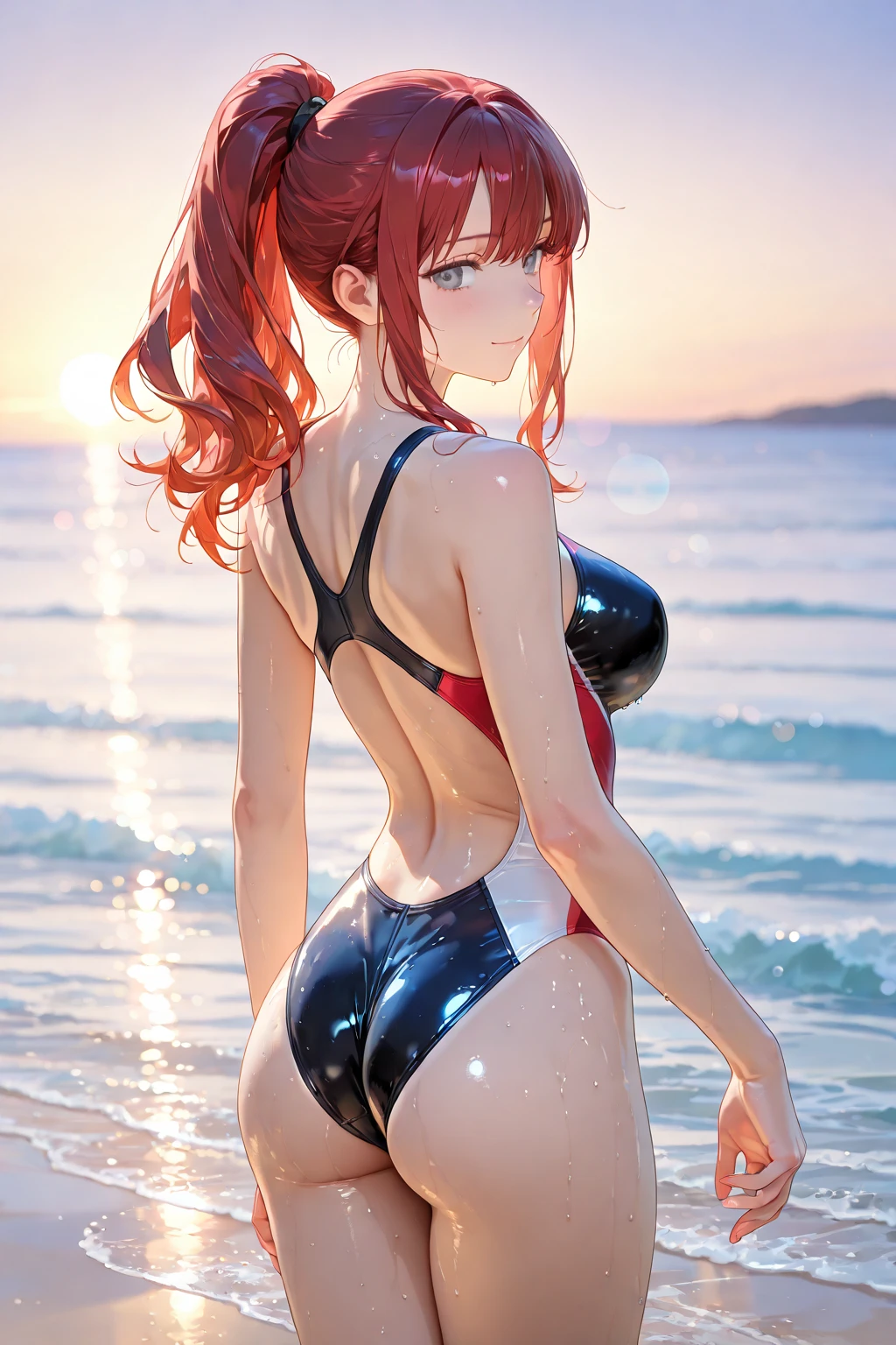view from behind、show your butt、The focus is on the butt、actual、Super high chroma、8k、red long curly hair(((30-year-old girl)))、((((She was wearing a red and blue competition swimsuit。))))、competitive swimmer、big breasts、Thick thighs、Pay attention to muscle development。競泳プールolympic Comcompetitive swimmerics stadium 美しい顔, Highly detailed facial and skin textures, (Eyes have small wrinkles, double eyelids, thin eyebrows, glitter eyeliner: 1.2, natural cheeks, skin shiny, White skin,, (glossy lips: 1. 4),Sweating 1.0、(((vitality)))