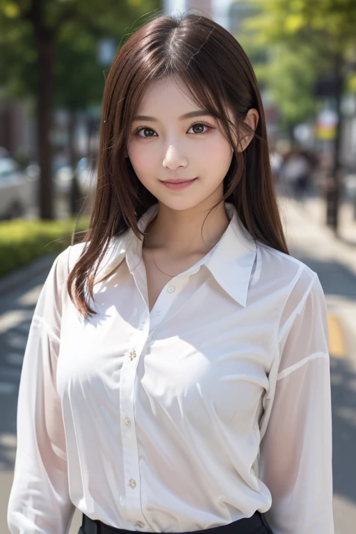 (masterpiece, Highest quality), One girl, Beautiful office lady, Very wet, soaked from heavy rain, Long black hair, Straight hair, White blouse, ((face close up:1.2)), saggy big breasts:0.3, joy expression, Street Background, Detailed Scene, Reflective Puddle, Dark Clouds, heavy rain, realistic rain effect), downpour