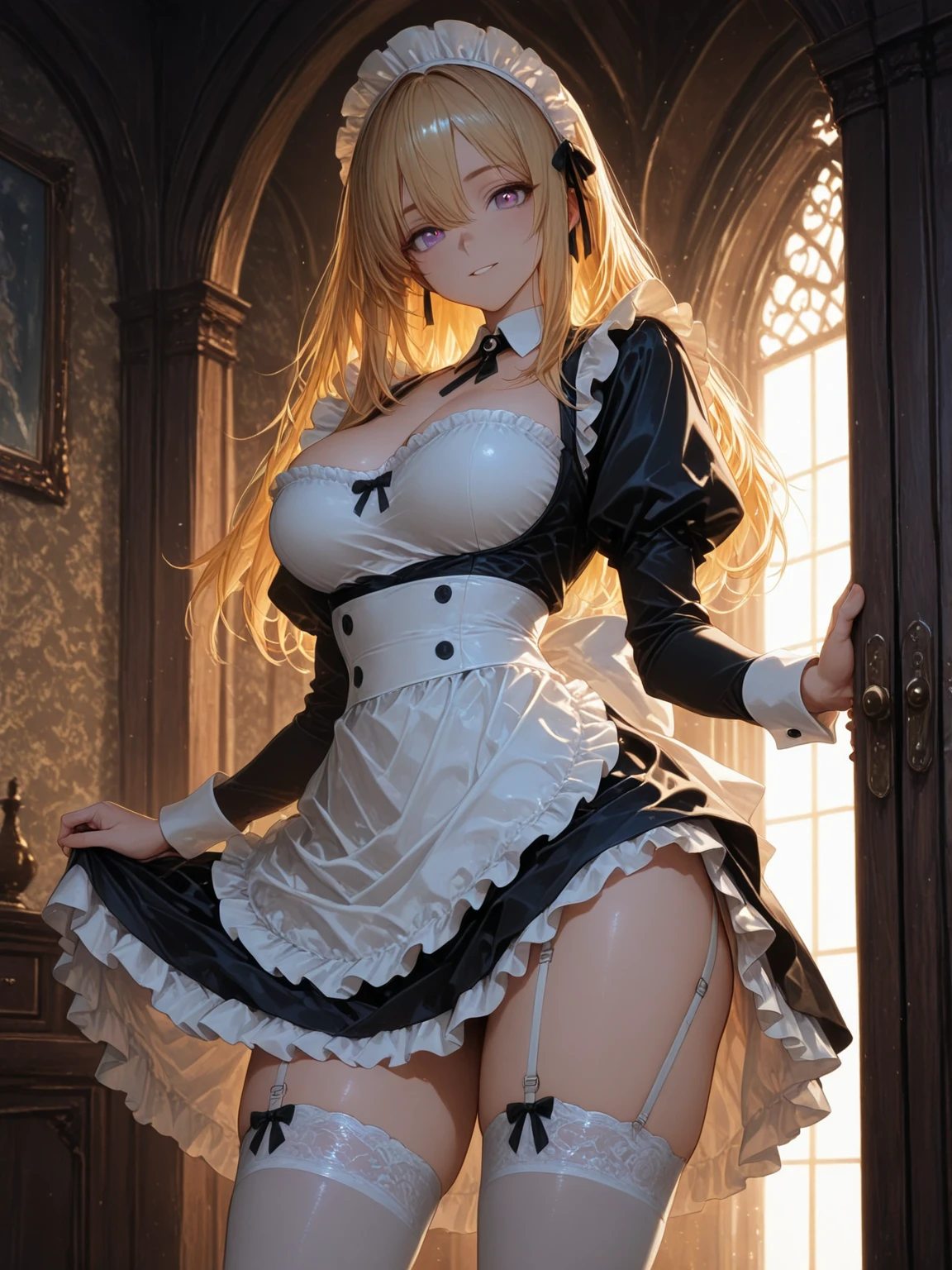 (masterpiece, high resolution,ultra - detailed:1.0),1 girl,Young and beautiful women,eye looking to camera,Perfect female body, big beautiful elongated breasts, breast cup h, Extremely long breasts, Extremely detailed CG,Unity 8k wallpaper，Complicated details, solo person, (skimpy Maid clothes), French Maid Open Uniform, short skimpy Maid dress, lace stockings, color difference, Depth of field,dramatic shadow, Ray tracing, Best quality, Cinematic lighting, Beautiful young maid, manipulative cunning, sly dominant maid, cruel, deceitful, fake smiles,blonde, sagging breasts