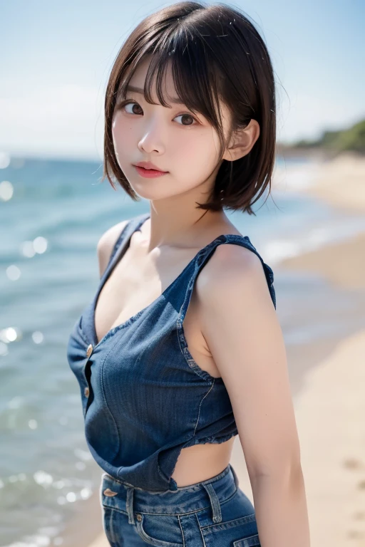 masterpiece、Highest quality、High resolution、16K、Do not split、Standing posture from knees up、Tropical coast、Real situation、Small 、 One beautiful woman,alone、Seaside、Beautiful skin texture、24-years-old、ライトブラウンのすてきなshort hair,sexyな下着、Glamour Woman、、Realistic、Professional Lighting、Face Light、Smooth lighting、Japanese women、Adult female、Beautiful woman、Modeled、sexy、so beautiful、Beautiful, smooth skin、Beautiful and detailed、Detailed face、short hair、Brunette Hair、Brown eyes、smile