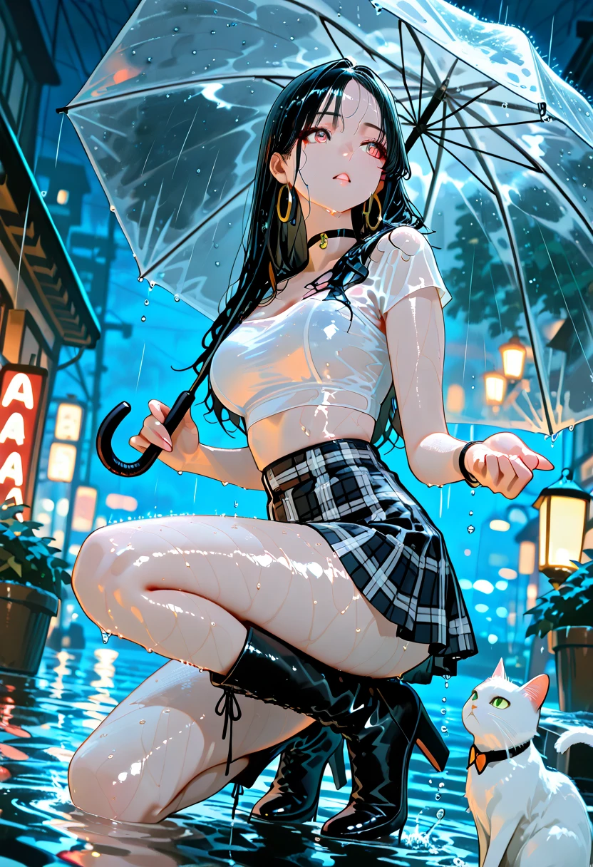 beautiful girl、((Accentuate your butt))、smile、((Holding an umbrella))、((It's raining))、Shibuya、squat、Black Hair、denim、(Vinyl umbrella)