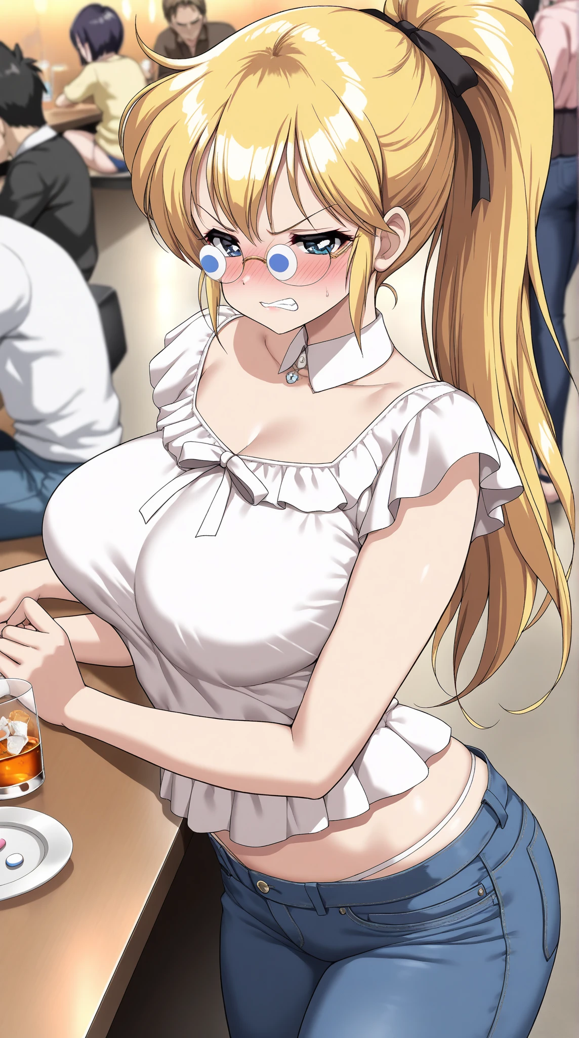 ((top quality)), ((masterpiece)), ((perfect face)), ((background blur)), (ultra detailed), sharp focus, Two beautiful ladies, dark blue eyes, (beautiful detailed eyes), blow hair, (hairdo vertical roll aristocrat daughter), Pale purple pajamas with cute pattern, slightly unbuttoned, cool, sexy, bosom showing, seductive, noble, focus on eyes, Drinking beer in a pub, bustling around, happy expression, Looking at viewer, dynamic angle, dynamic pose, close-up, view from below, Nipple bulge marks on pajamas, lipgloss, shiny lips, perfect lips, detailed lips, long wavy yellow blonde hair, round silver glasses