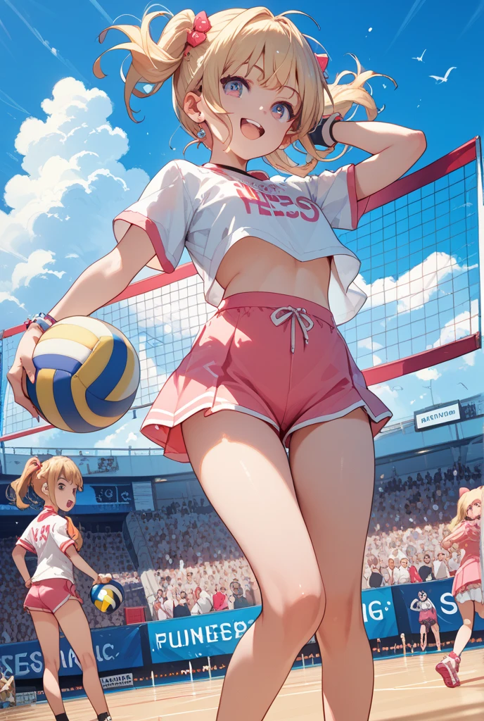 (Sports magazine cover photo.), of the highest quality, great quality, 16k, incredibly absurd, Very detailed, delicate and dynamic, natural light, Particles reflect light., diffuse light reflection., Many petals of the colors of the rainbow fall, beautiful sandy beach, shining sun, diffuse light reflection., Create amazing image effects, , Wet, perspiration, Beach volleyball, receive, close up(cute sexy girl, big bouncing busts, sensual expression, cool girl, Serious, passion, dynamic, (((naked, unclothed, without thong, no panties, without any clothes))), ,Audience , very airy joy) (( completely naked body, 1:1)