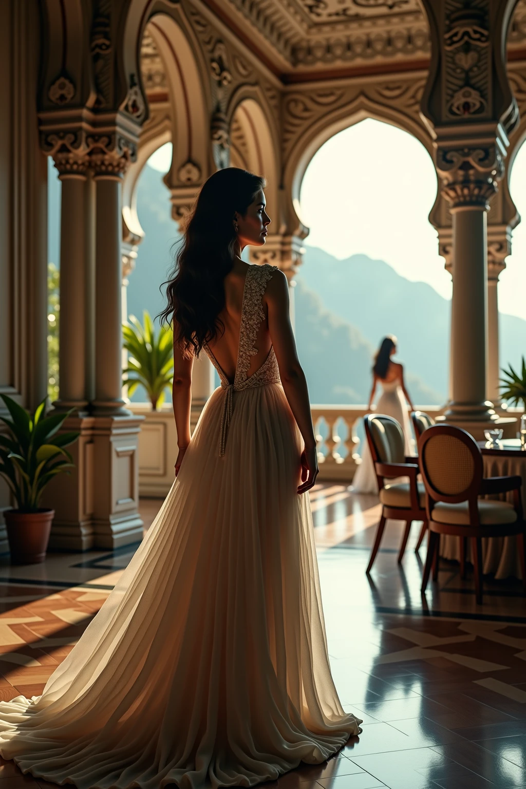 women, king, latina, beautiful, new model body, with his back to a half-open curtain overlooking the sea