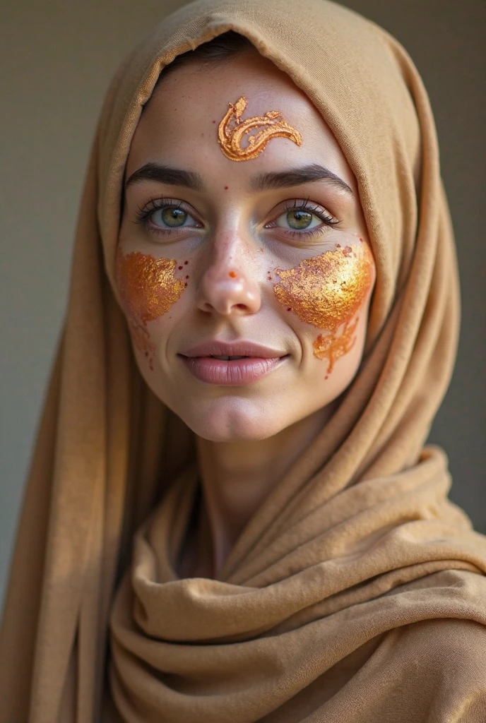 A beautiful hijabi in beige dress which is soaked with semen and cum on her face