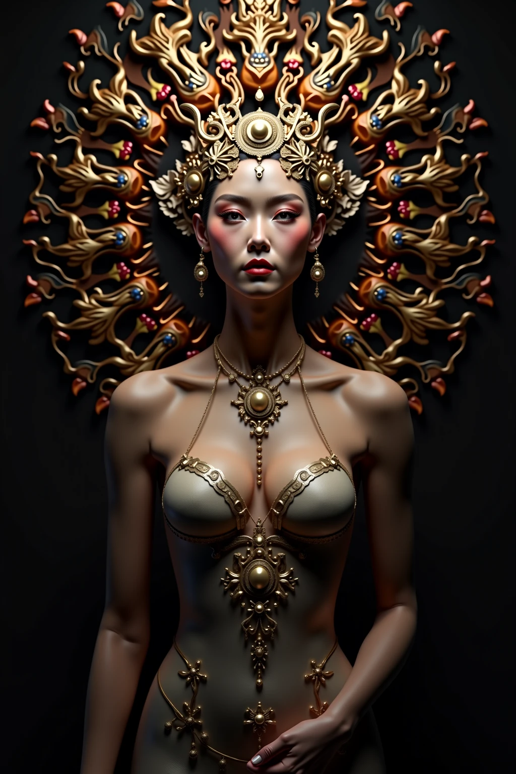 lucy pinder, face portrait, ((very intense makeup)), ((gold lipstick)), eyes closed, mouth wide open, geisha, geisha makeup
