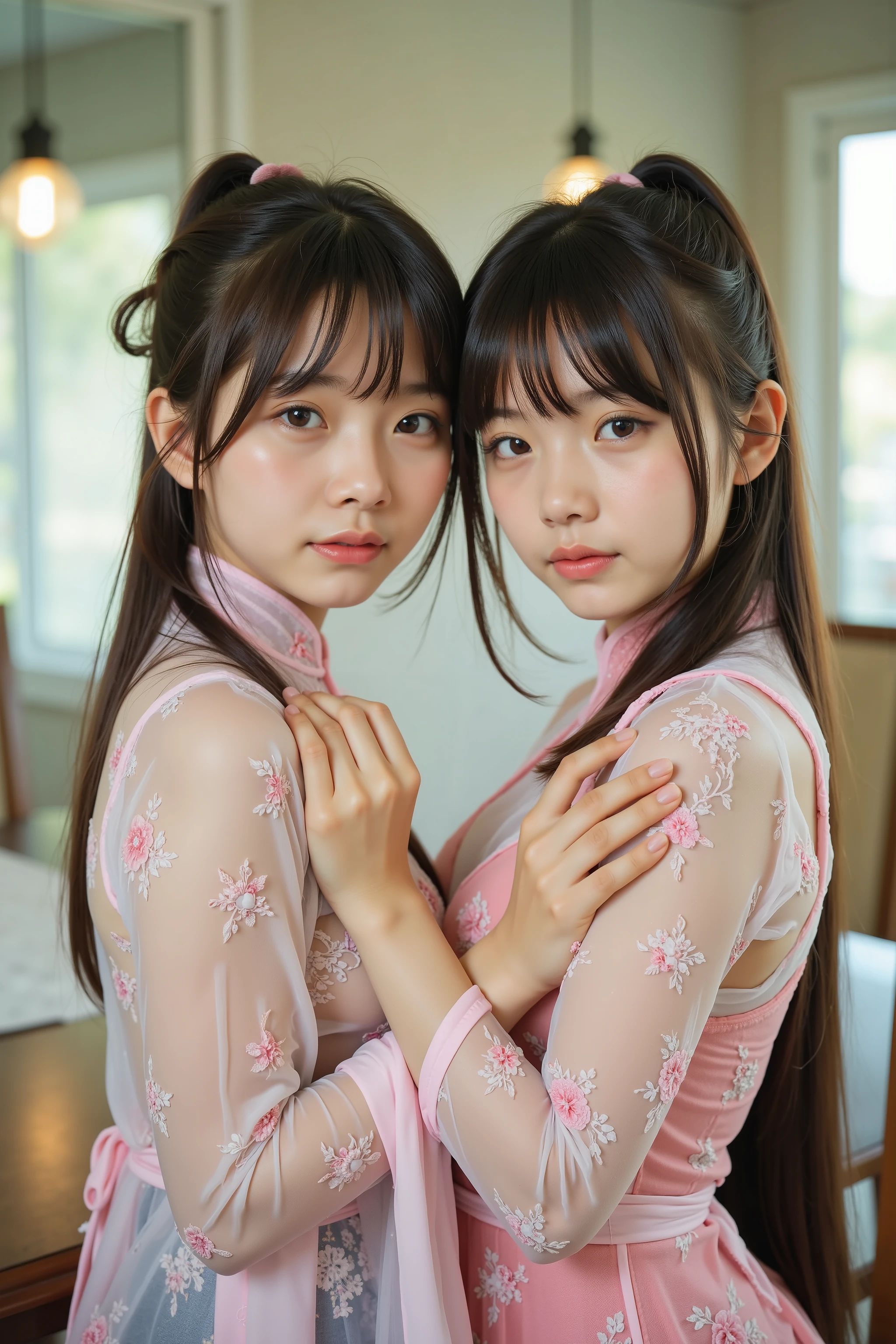 Two young women in white dresses pose for a photo, beautiful gemini twins portrait, Beautiful Gemini twins, Twin tail hairstyle, Two beautiful little girls, ulzzangs, sakimichan, white hime cut hairstyle, beautiful sci - fi twins, with same hairstyle, two pigtails hairstyle, No double head, twins, cute cute, trending at cgstation