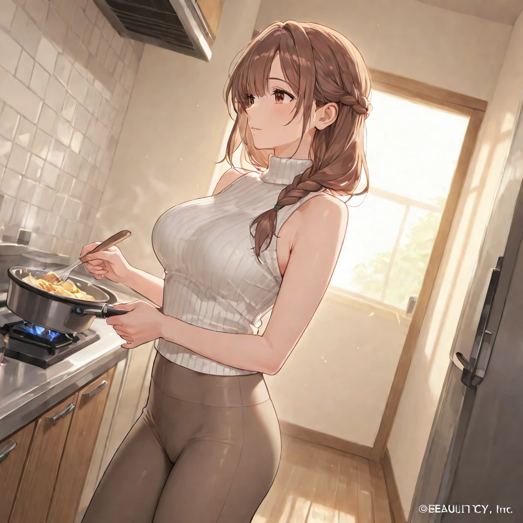 1 girl, Alone, Long hair, looking at viewer, smile, brown hair, hair ornament, green eyes, clavicle, braid, single braid, elastic, blue crop top, black sport shorts, behind, hair over the shoulder, hair elastic, mature woman, wide hips, in a kitchen, clear day