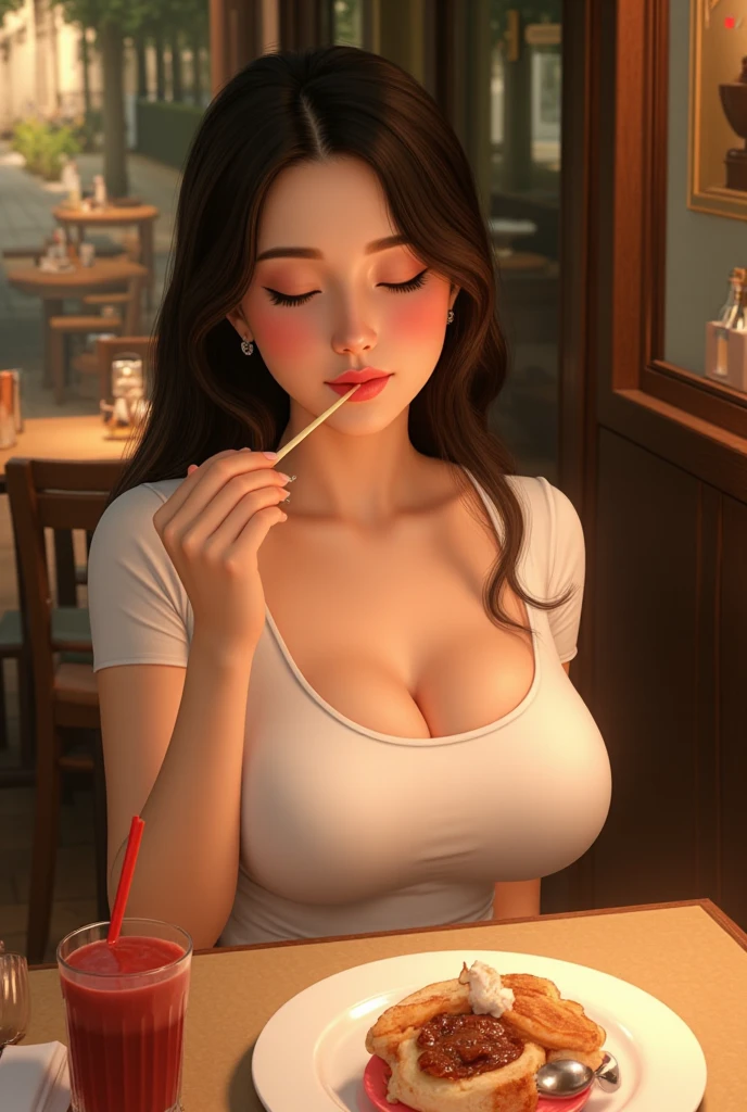 score_9, score_8_superior, score_7_superior, score_6_superior, score_5_superior, score_4_superior, super realistic, busty mother, housewife, (detailed eyes, detailed face, big breast, big ass, earing, black hair, Exposing shoulders, loose clothes, lace Gstring) is sipping wine at the dining table, in house