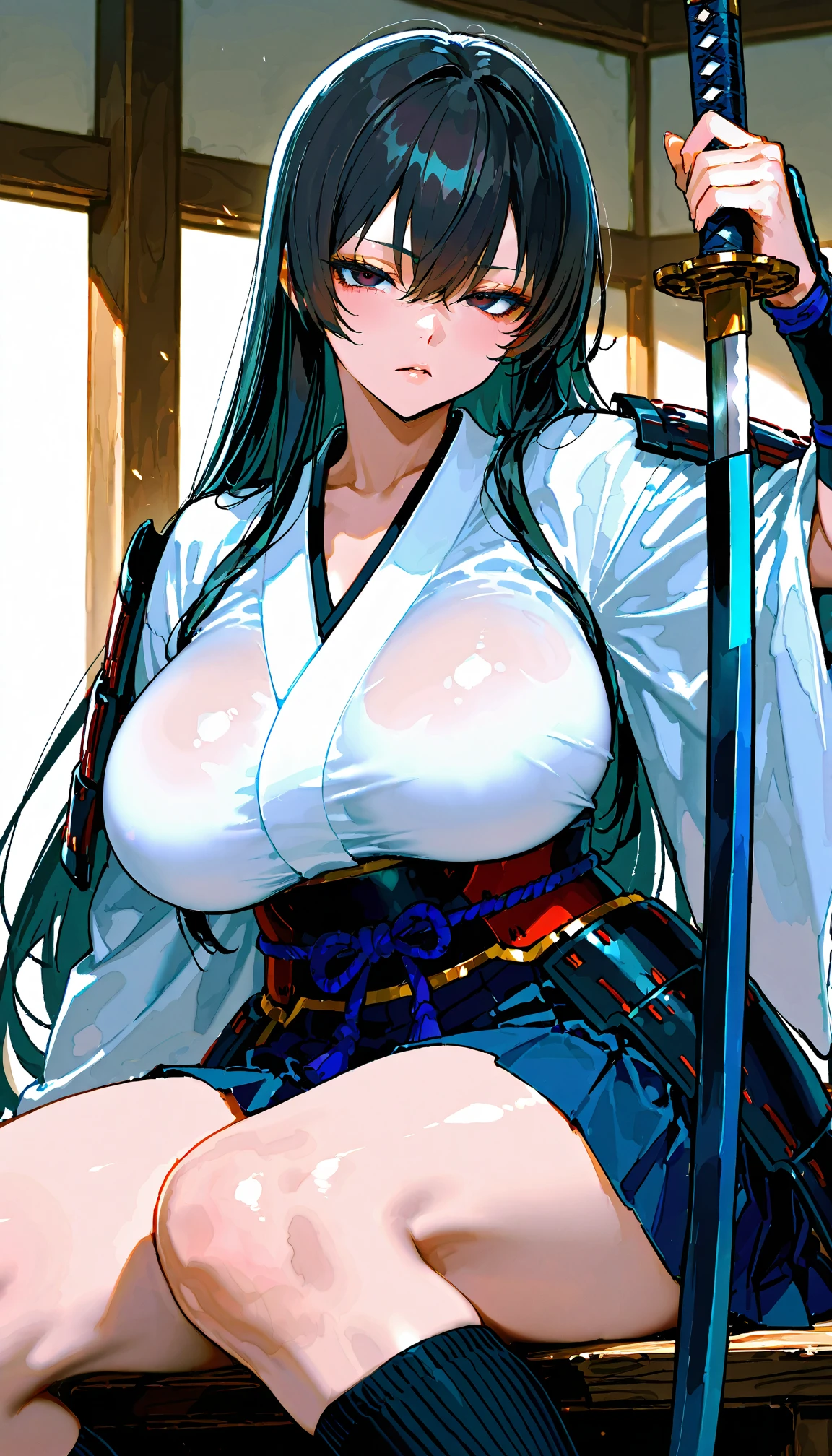 female samurai，with cat ears, big breasts can be seen, winks at the viewer, Smiles, she is currently undressing
