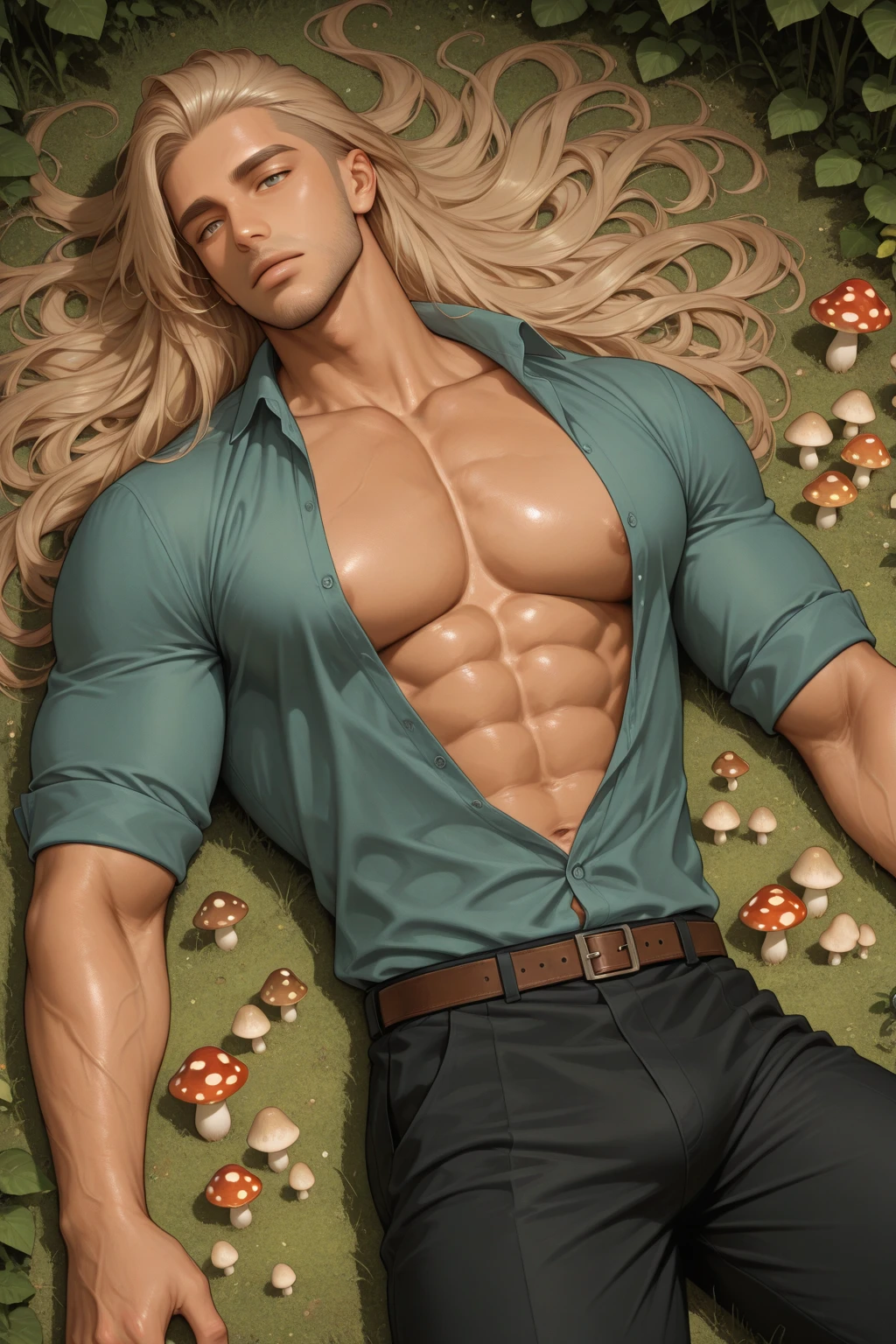 Muscular bakugou katsuki laying down on flowers and grass top view, relaxed expression, red tattoo, Green shorts, muscular pecs and washboard abs, sweating heavily, wristwatch, necklace, green leaves on body and ground, round frosted glasses, leaves in the wind