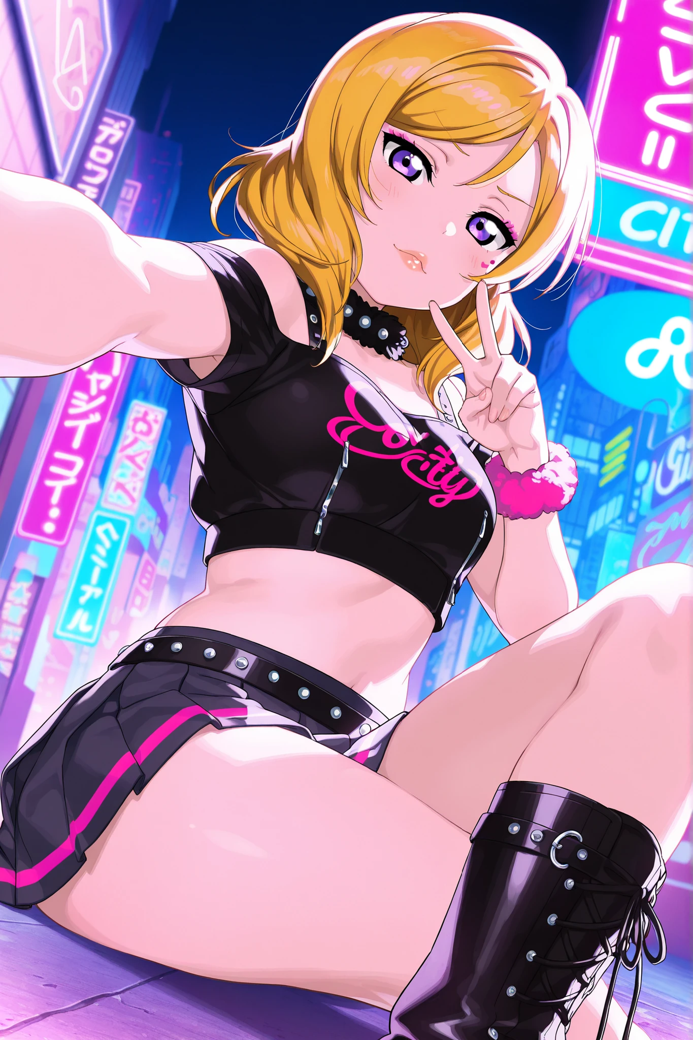 masterpiece, high quality, 8k, 1girl, cute, gyaru, white skin, blonde hair, black choker, silver earrings, Crochet bikini with a halter-neck top and matching bottoms, oversized jacket, melancoly, nostalgic, smile, (graffiti art), (graffiti background), (Colorful portraits), (multicolored), (pastel color), kawaii