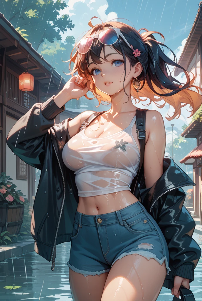 model, digital illustration, (Masterpiece:1.2), High quality, Detailed eyes, Very beautiful girl., short hair, Street wear, thick, (abdomen:1.2), (Bloom:1.2)