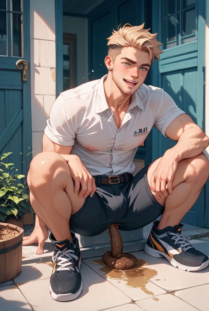 masterpiece, best quality, detailed, unity 8k wallpaper, ultra high res, professional lighting, photorealistic,
1boy, white torn sport tights, torn bikesuit, white socks, sneakers,
looking at viewer, sweat, spread legs, small flaccid penis, cum, small penis,
muscular, abs, big pectoralis, shiny white skin, bare pectorals, large areolae,
detailed face, naughty face, black eyes, black short hair, shiny blue necklace, eye reflection,
outdoors, street, shop, sunlight