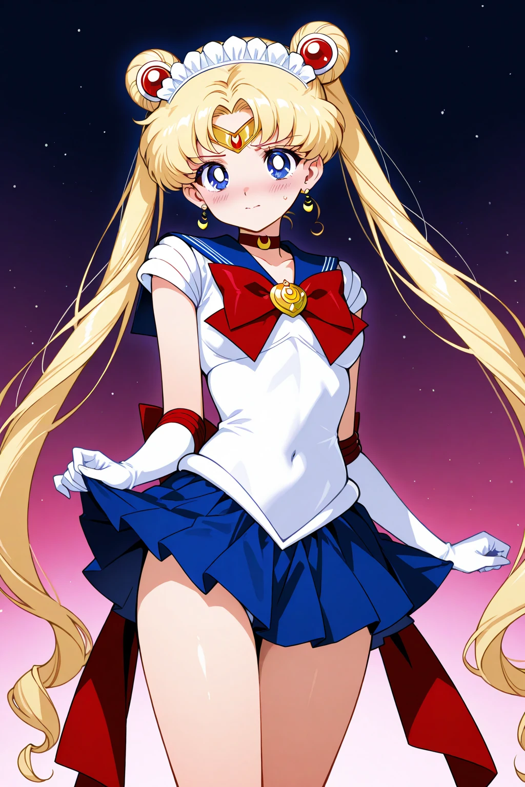 <lora:Merunyaa_Style_Dim32:0.8>, masterpiece, best quality, highres, 1girl, aausagi, double bun, twintails, parted bangs, circlet, jewelry, earrings, choker, red bow, white gloves, elbow gloves, blue skirt, <lora:sailor_moon_v1:0.7>, standing, cowboy shot, night, outdoors, moon, smile