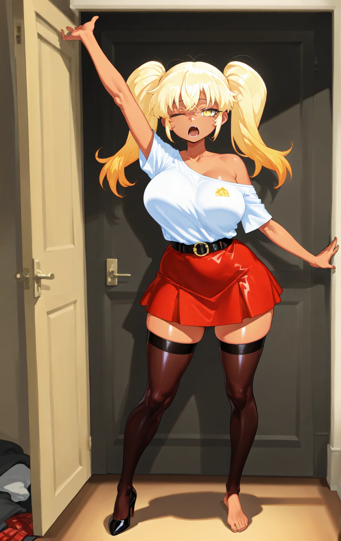 top-quality、a blond、Bad eyes、glares、red jersey、a miniskirt、Dark pubic hair、Sweaty、covered in cum、orgasm、blushed face、Rough breathing、barechested、pene、In ejaculation、Vaginal opening