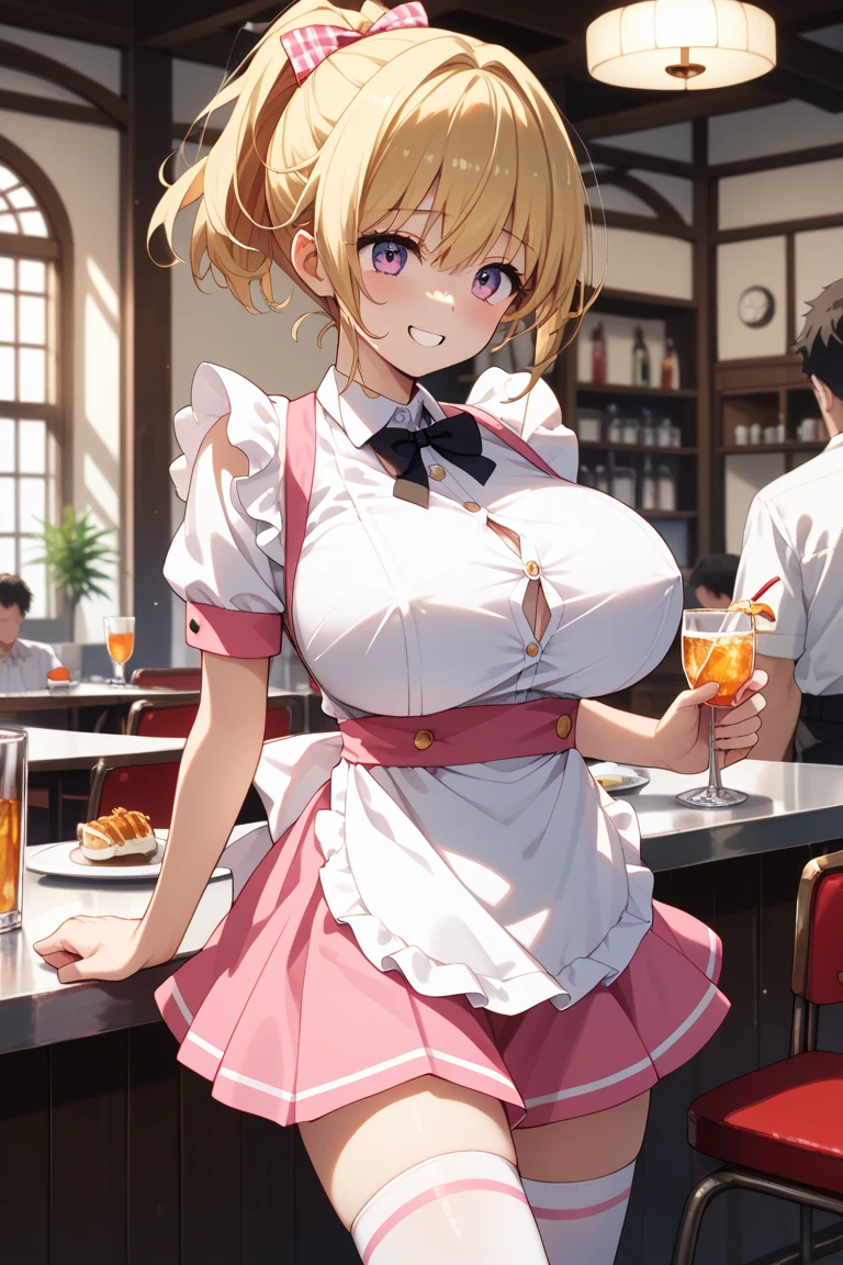 Erotic Anime Illustration、High resolution、A plump maid serving at the cafeteria、Maid outfit with pink ribbon、Perfect proportions for 、sexy smile、Kagamine rin、Overwhelming big breasts that go beyond common sense、thick legs with fat、cowboy shot