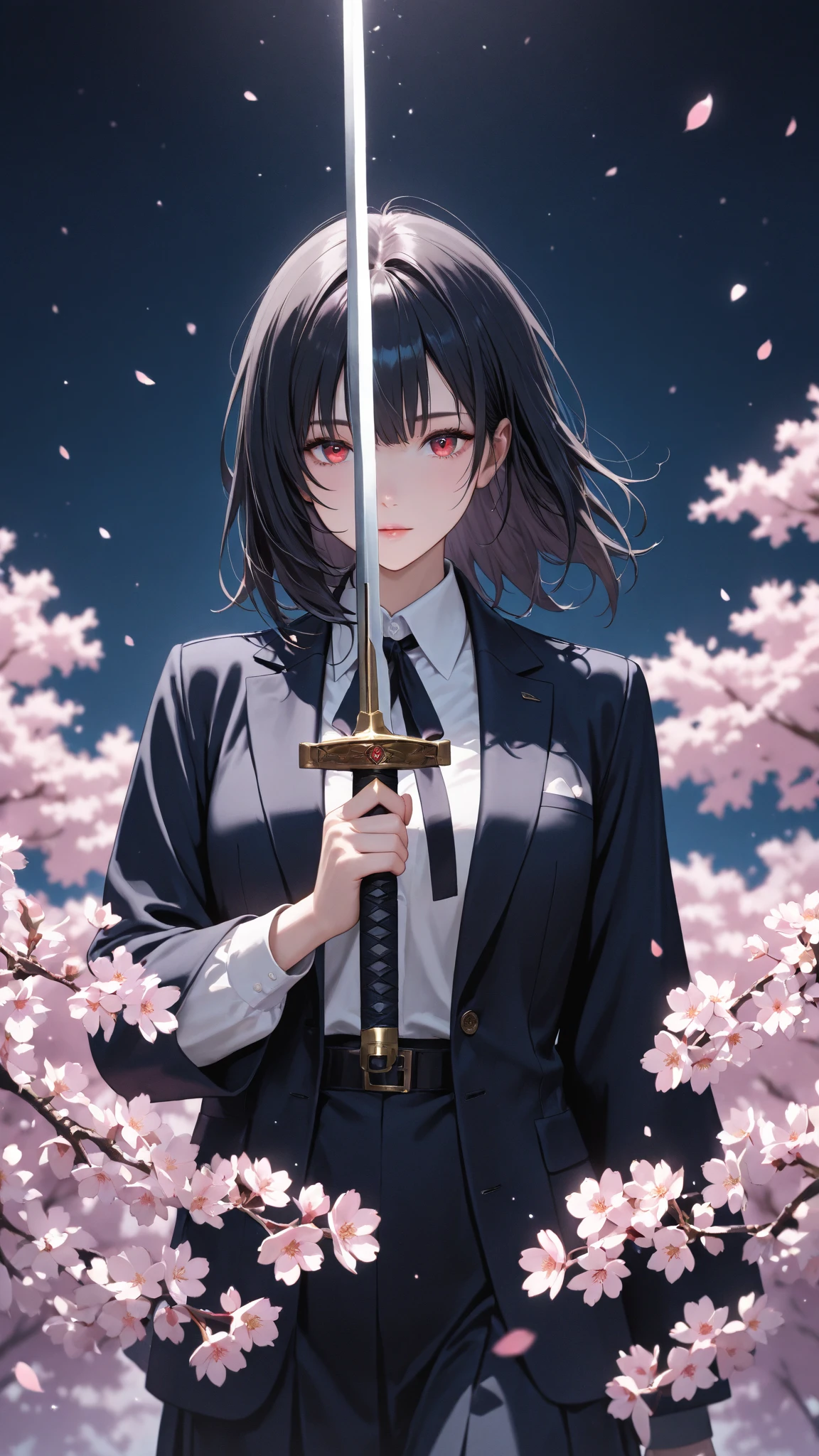 Woman holding a sword and looking at me in front of cherry blossoms at night with dark hair
