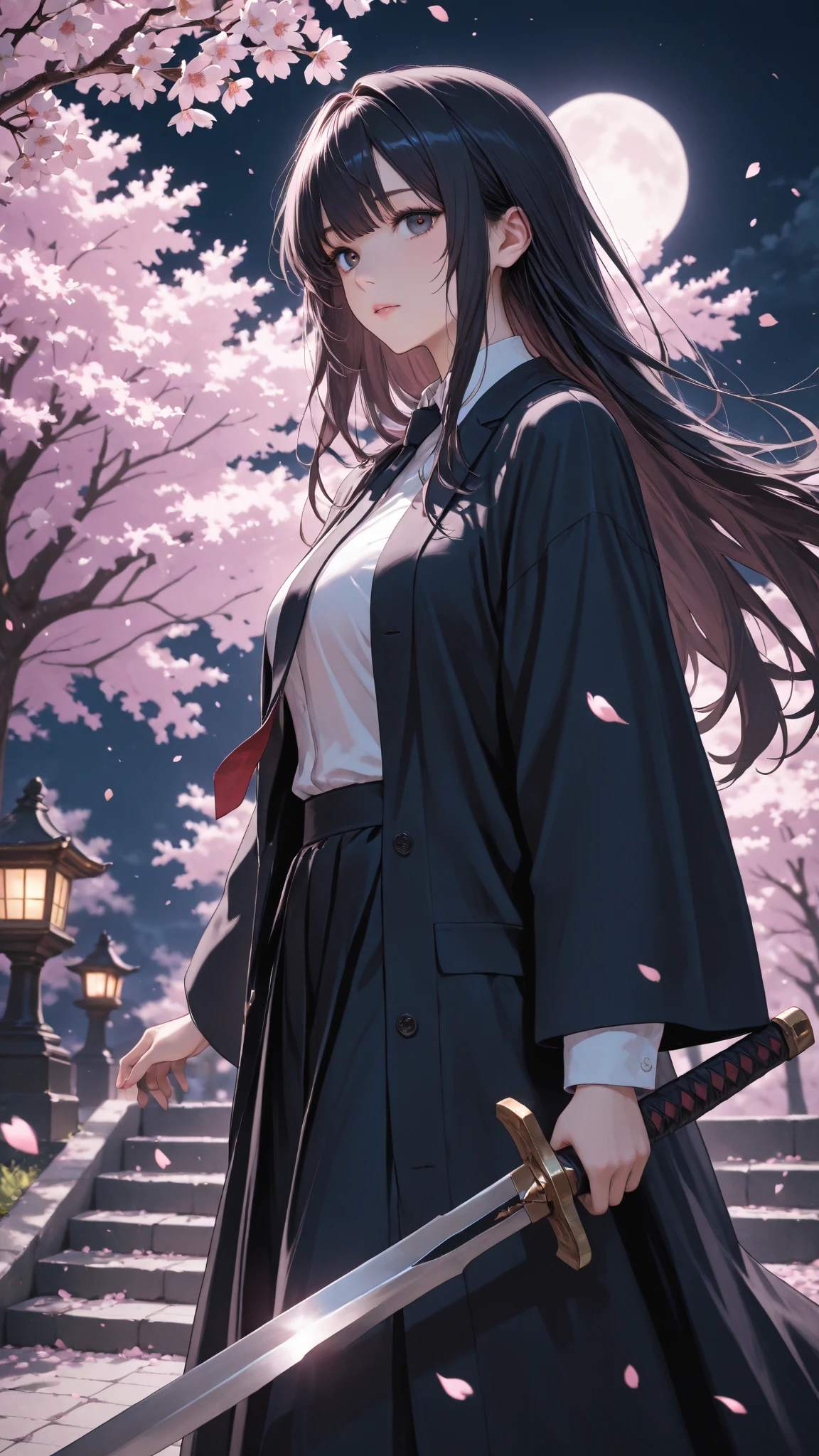 Woman holding a sword and looking at me in front of cherry blossoms at night with dark hair