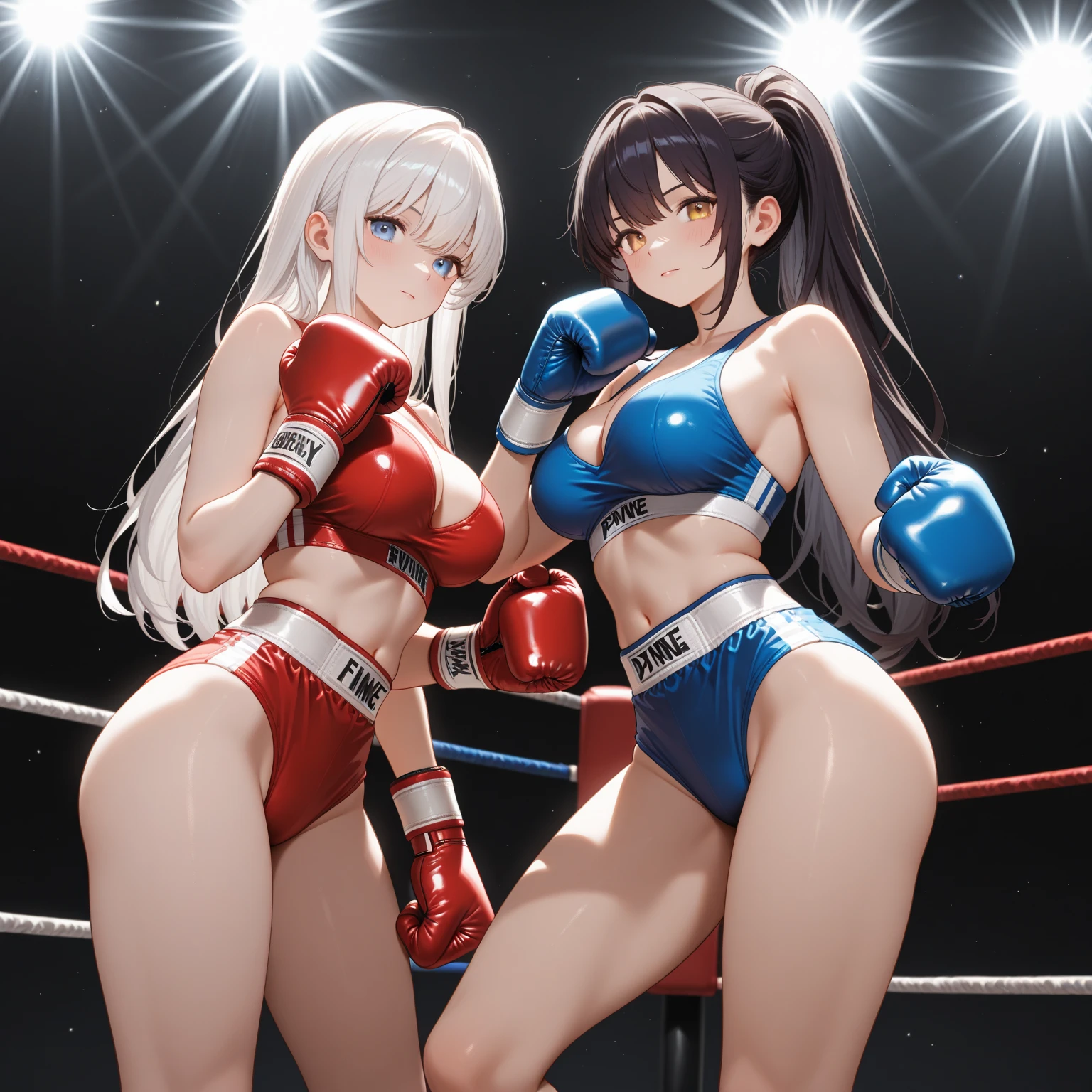 (top-quality manga:2.4),(Perfect Beautiful Face 2.2),(Perfect and beautiful posture:2.2),wet with oil,(oil in cleavage:2.2),(Abnormal oiling:2.2),large full breasts,2  Female oil wrestling athlete ,cute face, nice legs, showing their ground techniques in a fight on the graund