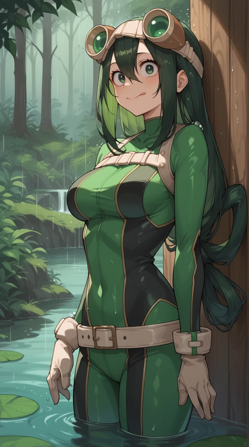masterpiece, highest quality, High resolution, 1 girl, ticker, long hair, big breasts, race_Queen,green leotard, Jacket, embarrassing,closed mouth, field,