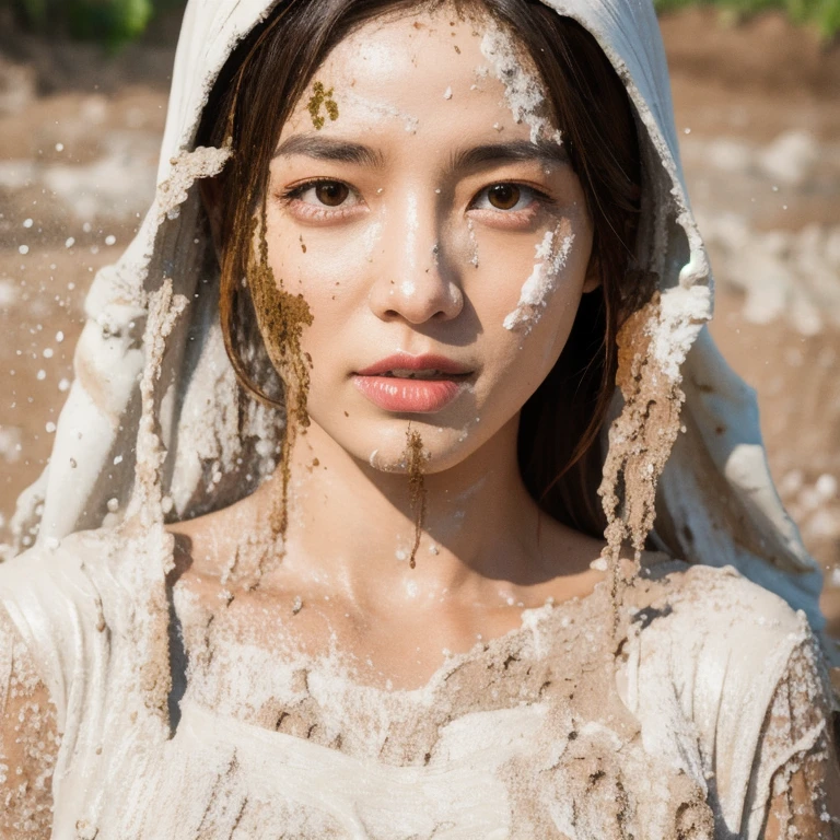 Nudity on top, Transparent very small organza string, without bra, wet string, wet , medium camel toe, pubic hair, transparent pubic hair trough organza very small strings, latina 30 years old beautiful girl in a shower on desert oasis scenery , large bobs, multi lighting, without clothes