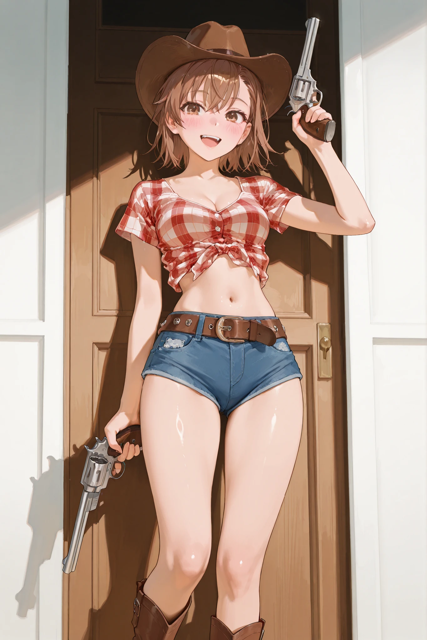 {{{masterpiece}}}, {{{best quality}}}, {{Ultra Details}}, {illustration}, {{very delicate and beautiful}} best quality Mikoto Misaka short hair brown hair hair, ,masterpiece,best quality,Amazing Quality Brown Eyes Cute Breasts openmouth complicated details, realistic lighting, Artistic Photorealism (lower body:1.1)((lower body))happy smile Blushing Shiny skin hud_cwgrl, denim, short shorts, cowboy hat, boots, breasts, midriff, belt, plaid crop top Holding Revolver Gun