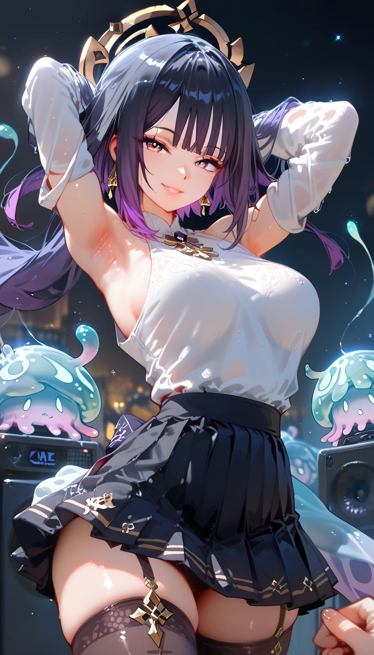 ,Put on your headphones,(Black Hair Girl),,Big Breasts,DJ,DJ Booth、Riding the music、club、((Night Live House、Red laser light、Blue laser light、random laser point、Virtual space、Golden laser beam、Purple laser light、DJ、Live Stage))、Five fingers