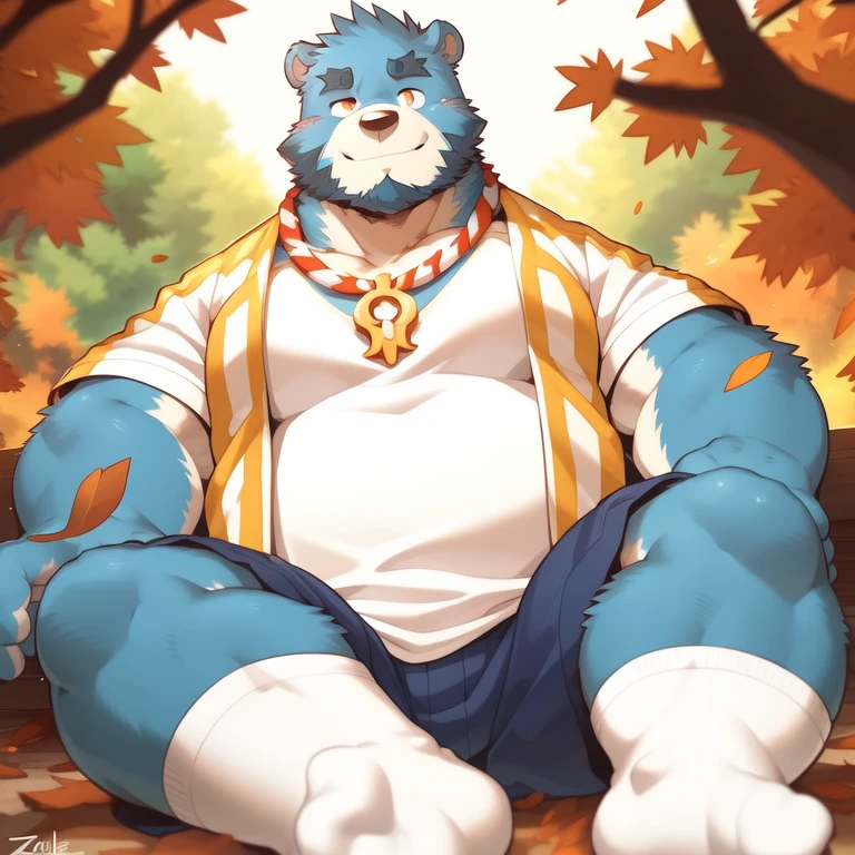 (by null-ghost,by raccoon21:0.5),(by zixiong:1.1),(by takemoto arashi),(kemono:1.2),solitaryfurry,shiquanjie,blue bear,male focus,furry male,blue fur,(detailed eye:1.2),(beard:1.1),(necklace:1.2),(smile:1.1),solo,sitting,,belly,white t-shirt,shorts,(fallen leaves:1.1),(front view:1.1),(sit on the steps:1.2),(white socks:1.1),