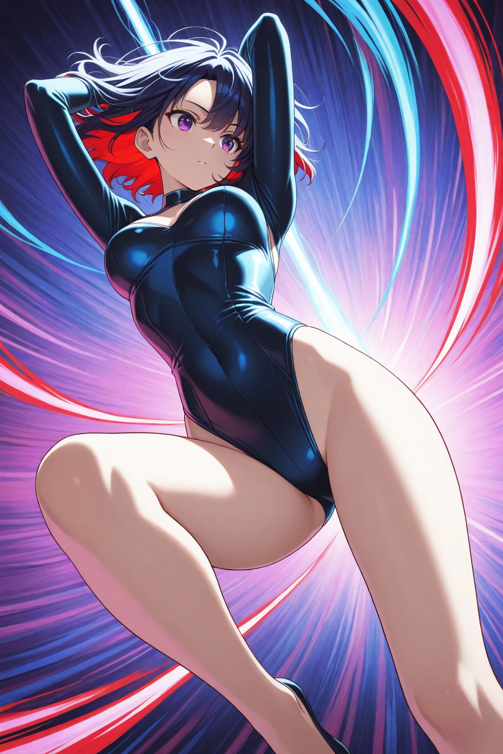 Etna, female, young, leotard, crouch, spread legs, on the roof, big city on the background