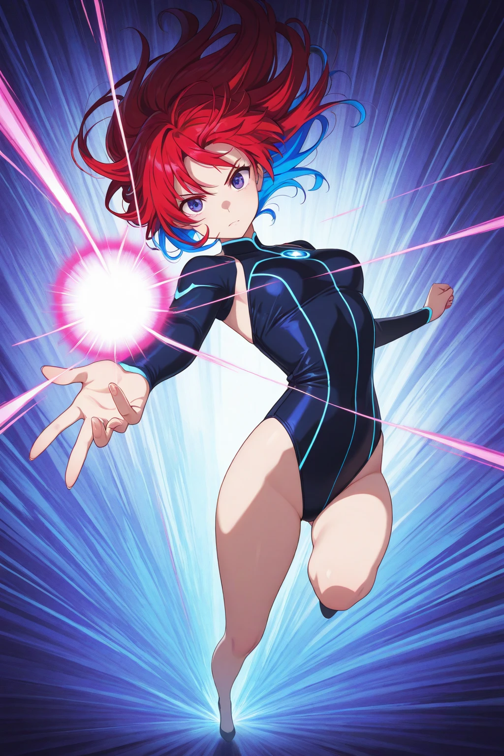 1girl, superhero, leotard, blue and red leotard, bare legs, boots, gloves, medium breasts, beautiful detailed eyes, glowing body, light surrounding her body, light particles, space backdrop, standing pose, floating, cowboy shot, full body shot, superpower, perfect anatomy.