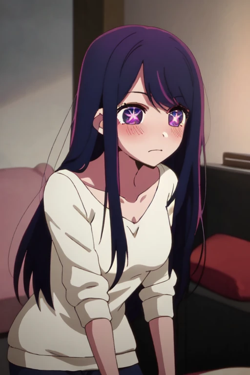 aihoshinonova, 1girl, solo, long hair, bangs, purple hair, purple eyes, star-shaped pupils, :o, sad eyebrows, blush, medium breasts, (girl rides on top of guy perfectly:1.3), (girl having sex:1.9), (without clothes:1.9), looking at viewer