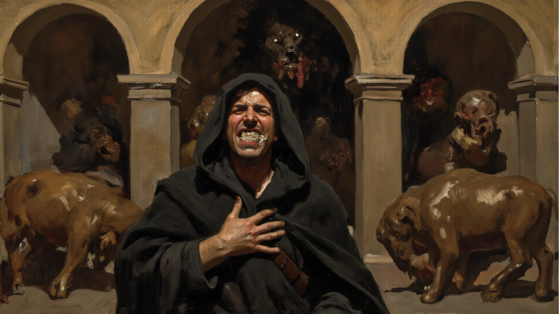 The room was thick with tension, the air heavy with an unseen presence. Maria, eyes wide with terror, was bound to the bed, her body thrashing against the restraints. The priest stood at her side, his voice steady as he chanted ancient prayers, the Latin words filling the room with a sense of foreboding. The flickering candlelight cast eerie shadows on the walls, illuminating Maria's contorted face. Her voice, no longer her own, growled and hissed, spitting out blasphemies and threats. As the priest pressed the crucifix to her forehead, she screamed, a sound that was not entirely human, echoing through the room. Beads of sweat formed on the priest's brow as he continued, undeterred, his faith the only thing keeping him grounded in the face of the malevolent force.