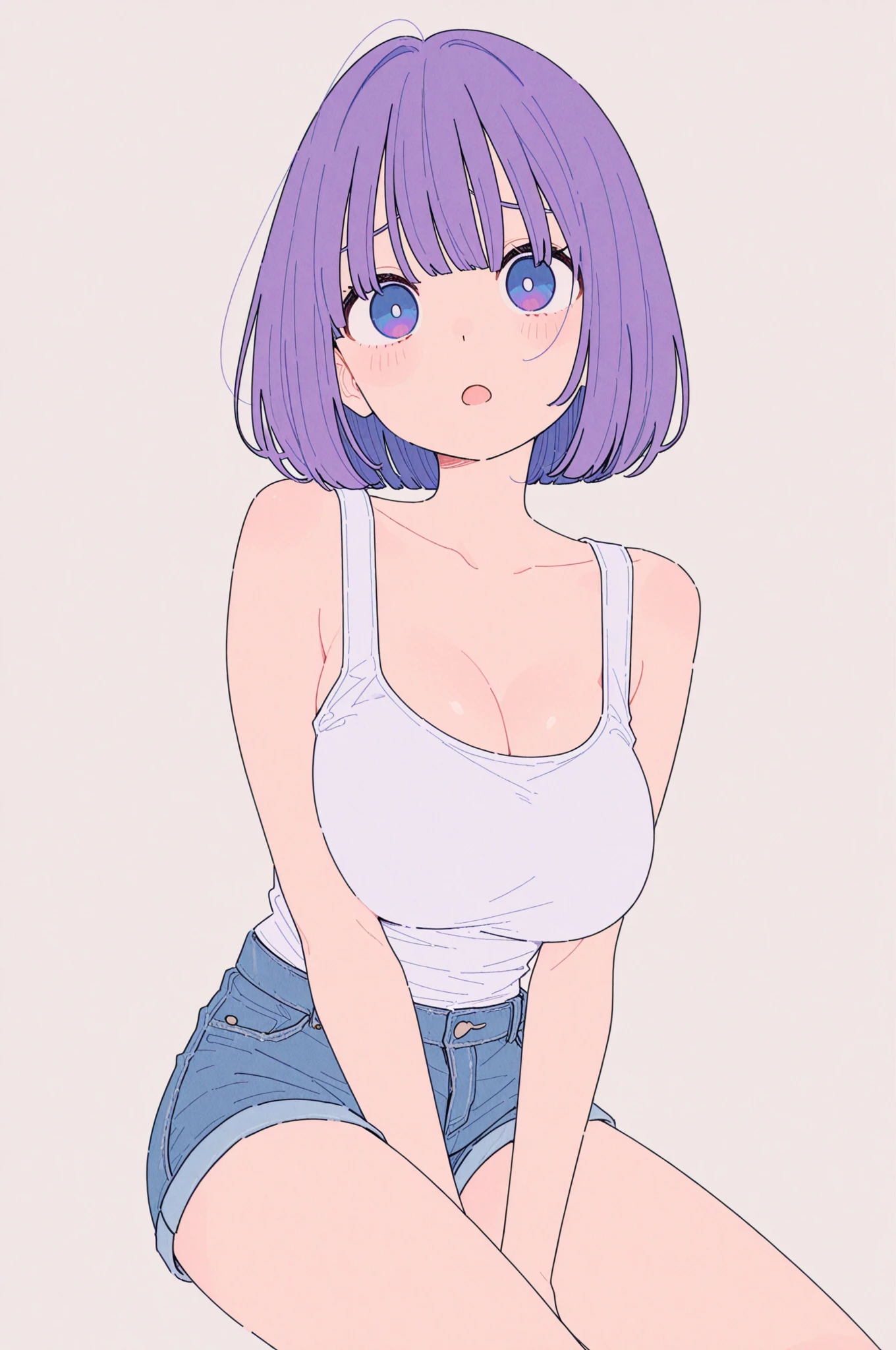 master, chief solo, 1girl, YumemiRiamu, multicolored hair, large breasts, single bare shoulder shirt long, single bare shoulder, naked shirt, white shirt, short sleeves, bottomless, standing, embarrassed, nervous, frown, blush, (v-shaped eyebrows), (hand on own chest), looking at viewer, city, sidewalk, blue sky, sunlight, outdoors, cowboy shot, upper body, <lora:negative-e12-15:-1.5>